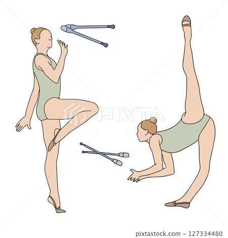 Young girls professional rhythmic gymnasts performing exercises with clubs. Sportswomen and equipment in doodle style. Colored hand drawn vector illustration on white background Young girls professional rhythmic gymnasts performing exercises with clubs. Sportswomen and equipment in doodle style. Colored hand drawn vector illustration on white background 127334480
