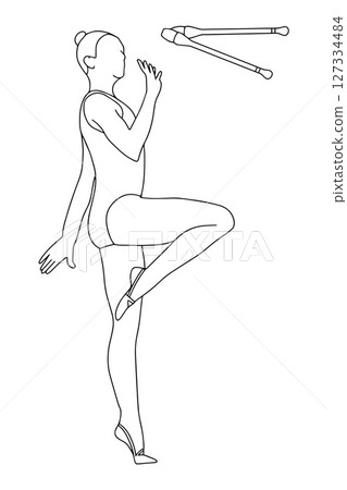 Young girl professional rhythmic gymnast performing exercises with clubs. Doodle style. Hand drawn vector illustration isolated on white 127334484