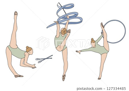 Set of rhythmic gymnastics silhouettes. Different apparatus such as ribbon, clubs, hoop, skipping rope and ball.  127334485