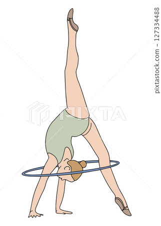 Elegant slim girl with a hoop - hand drawn rhythmic gymnastics. Colored vector illustration in doodle style on white background. 127334488