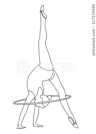 Elegant slim girl with a hoop - rhythmic gymnastics. Vector illustration in doodle style on white background 127334489