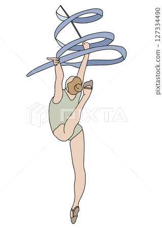 Young professional gymnast performing ribbon dance. Healthy lifestyle and sport concept for teenagers. Colored doodle style illustration on white background. Hand drawn vector 127334490