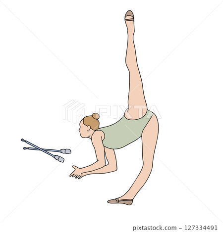 Young woman professional rhythmic gymnast performing rhythmic gymnastics exercises with clubs. Colored doodle style illustration isolated on white background. Hand drawn vector Young woman professional rhythmic gymnast performing rhythmic gymnastics exercises with clubs. Colored doodle style illustration isolated on white background. Hand drawn vector 127334491