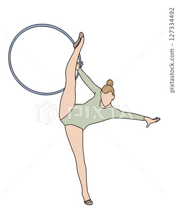 Elegant slim girl with a hoop - rhythmic gymnastics. Colored illustration in doodle style on a white background. Hand drawn vector 127334492