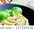 Delicious pesto and caprese 127334526