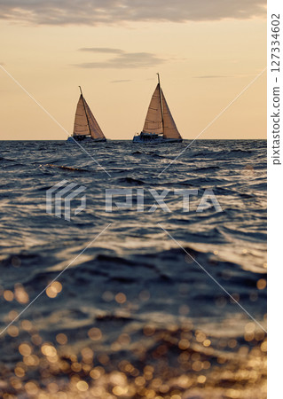 Sailing regatta in the Gulf of Finland at sunset, two sailing yachts competing in a race, splashing water from under the boats, teamwork, board the boat 127334602