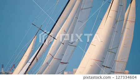 Few sails of sailboats at the sailing regatta in the Gulf of Finland at sunset, hot race of several yachts, nobody 127334604