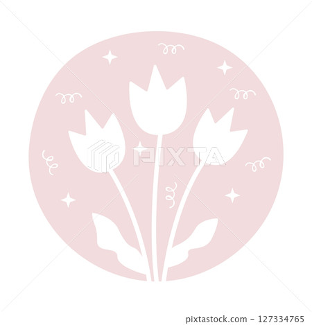 Three tulips with leaves in circle, light beige and white, piglet, peach color 127334765