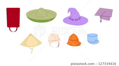 Set of Different Hats - Coolie Mortarboard Sombrero Wizard, Bicorne Bonnet Bearskin, Kepi Pith Riding Helmet. 127334816