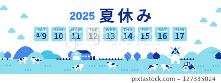 2025 summer vacation period guide illustration (with cows and ranch background) 127335024
