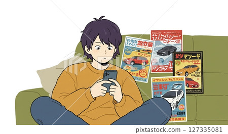 Easy with a tablet! A man checking car sales information online 127335081