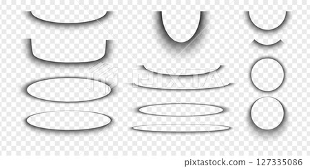 Set of circle and oval shadow effects. Different realistic blurred soft shapes. Round and elliptic package box shades isolated on transparent background. Vector realistic illustration 127335086