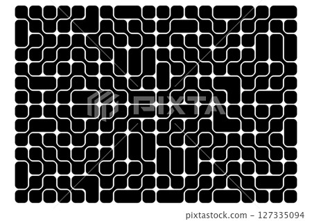 Circuit pattern. Black metaballs or connected rounded square shapes isolated on white background. Organic blobs, neurons or molecules texture. Modern abstract print. Vector graphic illustration Circuit pattern. Black metaballs or connected rounded square shapes isolated on white background. Organic blobs, neurons or molecules texture. Modern abstract print. Vector graphic illustration 127335094