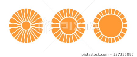 Groovy sun shapes isolated on white background. Orange sunny rays. Sunburst, sunshine or sunlight symbols. Summer theme elements. Modern print. Happy positive vibes concept. Vector flat illustration Groovy sun shapes isolated on white background. Orange sunny rays. Sunburst, sunshine or sunlight symbols. Summer theme elements. Modern print. Happy positive vibes concept. Vector flat illustration 127335095