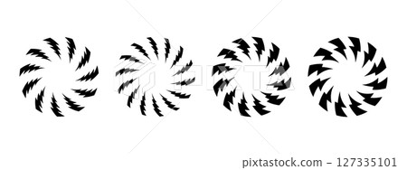Set of frames with thunderbolt print. Round borders with lightning icons isolated on white background. Shock, energy, power or danger comic design elements. Vector graphic illustration Set of frames with thunderbolt print. Round borders with lightning icons isolated on white background. Shock, energy, power or danger comic design elements. Vector graphic illustration 127335101