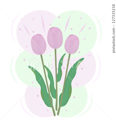 Three pink tulips and ice cream balls, color illustration in green and pink shades 127335238