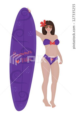 Brunette woman with a sailboard colorful illustration Brunette woman with a sailboard colorful illustration 127335255