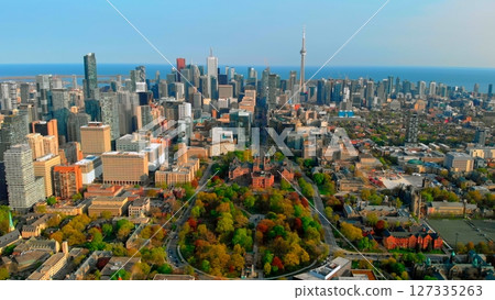 Aerial panorama capturing toronto's urban landscape, featuring university of toronto campus nestled among skyscrapers and iconic cn tower rising against clear blue sky. Urban style concept Canada 127335263