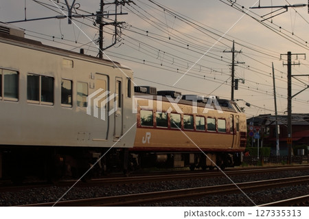 夕陽西下，東海道本線上，183系列車與185系列車擦肩而過 127335313