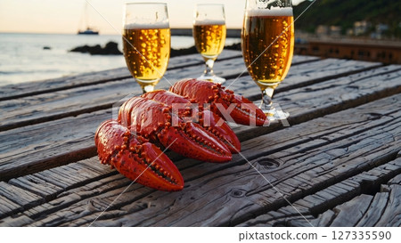 Red lobster claws and three glasses of beer sit on a weathered wooden table by the sea at sunset, creating a relaxed and inviting atmosphere 127335590