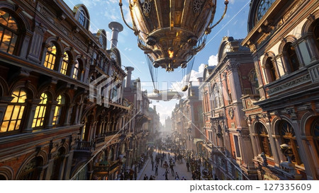 Victorian era city street bustling with people, featuring ornate buildings and steampunk airships soaring through the sky, creating a captivating blend of history and fantasy 127335609