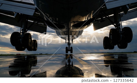 Passenger airplane landing on wet runway during sunset, water surface reflecting dramatic sky and aircraft silhouette 127335642