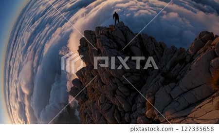 Majestic clouds swirl around a rugged mountain peak at sunset, where a solitary mountaineer stands, embracing the breathtaking view from the summit 127335658
