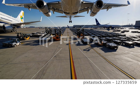 Passenger airliner touching down on airport runway, surrounded by parked planes and moving forklifts under bright sunlight, showcasing aviation transportation infrastructure 127335659