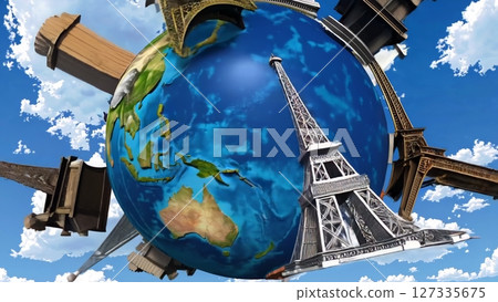 Famous monuments from all over the world protrude from planet earth rotating slowly under a cloudy sky, in a conceptual 3d animation showing different colors and textures for the continents 127335675