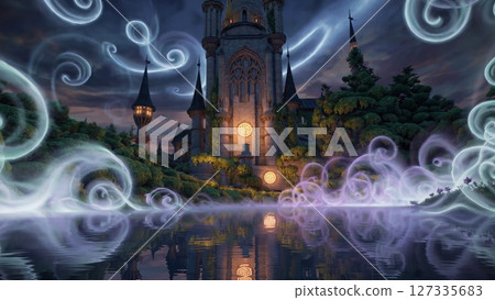 Ethereal purple and white mist enveloping mystical castle, softly reflecting on tranquil water surface during twilight, creating mesmerizing fantasy landscape 127335683