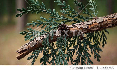 Weathered evergreen branch displaying mature pinecone among lush green foliage, revealing intricate natural textures and resilient forest ecosystem 127335709