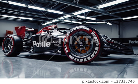 Sleek, modern formula one racing car sits stationary in a garage, showcasing its design and branding, with a subtle rotation offering different perspectives 127335746