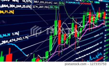 Colorful stock market charts and graphs fluctuate, displaying real time data, percentages, and trends, providing insights into investment performance and market volatility 127335750