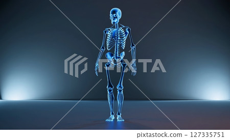 Human anatomy exploring skeletal system, joints, and bones of hip joint. Knee arthroscopic cruciate ligament. inflamed human knee joint, highlighted with an orange glow, bone structure details. 127335751