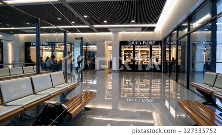 Modern airport lounge featuring sleek architectural design, polished surfaces reflecting duty free retail spaces, gradually filling with increasing passenger activity and movement 127335752