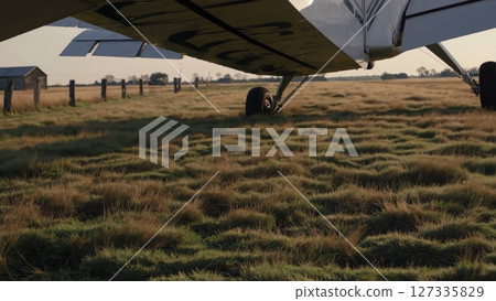 Light aircraft gracefully touching down on verdant grass airstrip during golden sunset, capturing serene rural aviation moment with gentle wheel landing against pastoral landscape background 127335829