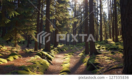 Warm sunlight filters through the tall trees of a dense forest, illuminating a path winding through vibrant green moss and creating a tranquil atmosphere Warm sunlight filters through the tall trees of a dense forest, illuminating a path winding through vibrant green moss and creating a tranquil atmosphere 127335836