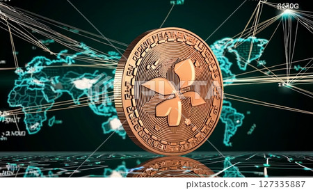 Spinning hong kong currency coin symbolizing global financial network, depicting economic interconnectivity and digital finance technology on shadowy surface Spinning hong kong currency coin symbolizing global financial network, depicting economic interconnectivity and digital finance technology on shadowy surface 127335887