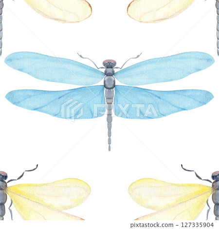 Yellow and blue dragonflies, wings, painted watercolor seamless pattern isolated on white. Ideal for nature branding, packaging, eco-friendly design, stationery, wall art, wedding, baby shower themes Yellow and blue dragonflies, wings, painted watercolor seamless pattern isolated on white. Ideal for nature branding, packaging, eco-friendly design, stationery, wall art, wedding, baby shower themes 127335904