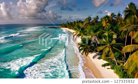 Turquoise waters lapping pristine white sand beach, surrounded by swaying coconut palms under vibrant azure sky with billowing clouds, embodying tropical serenity Turquoise waters lapping pristine white sand beach, surrounded by swaying coconut palms under vibrant azure sky with billowing clouds, embodying tropical serenity 127335932