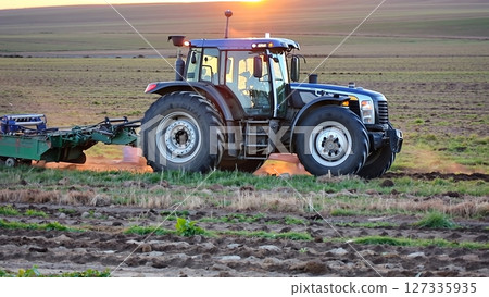Agricultural machinery moving across rich fields, working fertile soil under warm golden sunlight before crop planting season 127335935
