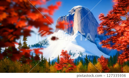 Majestic snow dusted half dome towering over yosemite valley, surrounded by golden autumn leaves highlighting rugged mountain scenery with seasonal brilliance 127335936