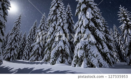 Soft snowfall blanketing majestic pine trees under moonlight, serene winter forest scene capturing peaceful nocturnal winter landscape. Concept of Night Winter Forest under Moon 127335953