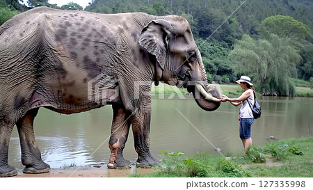 Wildlife professional caring for endangered asian elephant near river, embodying conservation efforts and deep interspecies bond within protected sanctuary 127335998