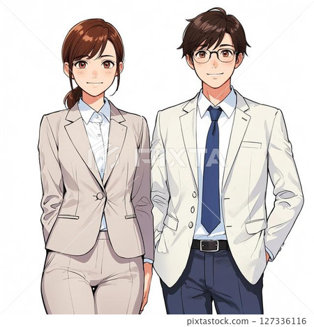 身穿米色西裝的微笑男女的商業插圖（白色背景） 127336116