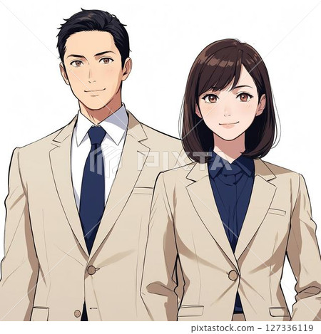 Business illustration of a man and woman in an ivory suit smiling (white background) Business illustration of a man and woman in an ivory suit smiling (white background) 127336119
