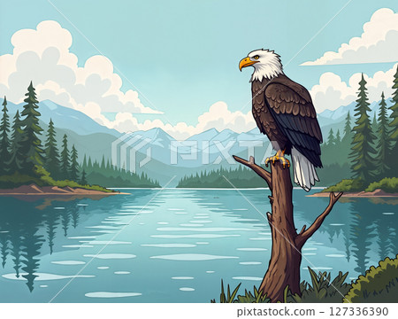 Bald eagle sits on the trunk of dead tree Bald eagle sits on the trunk of dead tree 127336390