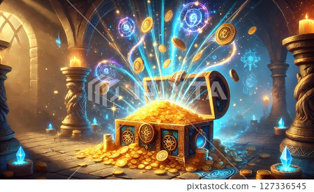 Coins overflowing from a treasure chest - Illustration of a treasure chest from a fantasy movie Coins overflowing from a treasure chest - Illustration of a treasure chest from a fantasy movie 127336545