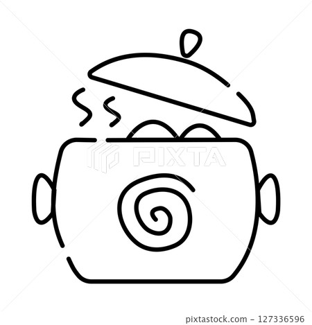 Stewpan with hot meal, black and white vector line illustration of cooking in pot Stewpan with hot meal, black and white vector line illustration of cooking in pot 127336596