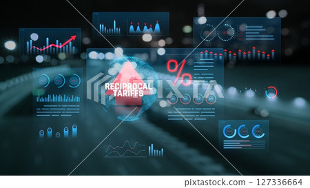 Infographic Displaying Concepts of Reciprocal Tariffs with Statistical Data and Graphical Visualization at Nighttime Urban Setting. Consignment 127336664